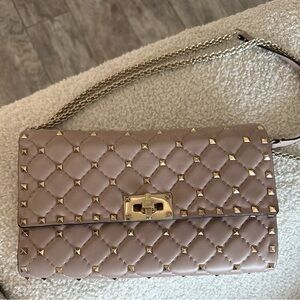 Valentino Rockstud Spike Small Quilted Leather Chain Shoulder Bag Taupe Nude